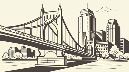 Fototapeta premium Stunning rendering of portland bridge resembling pittsburgh skyline over water with urban trees and buildings. Suitable for travel websites and city landscapes.