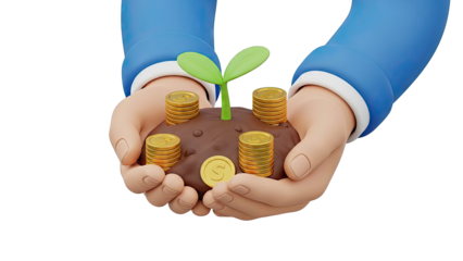 Hands holding soil with sprouting plant and gold coins