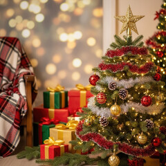 Cozy Christmas Tree with Gifts and Festive Decorations.