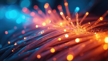 Close up of glowing orange and blue fiber optic strands. Light beams transmit data fast through modern digital network cables. Abstract technology concept for future communication.