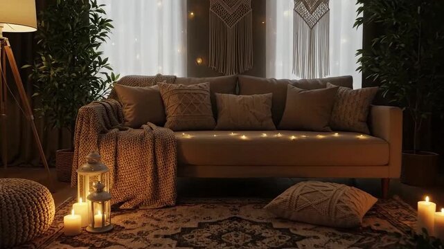 Cozy living room ambiance with soft lighting and neutral-toned decor creates a calming atmosphere.