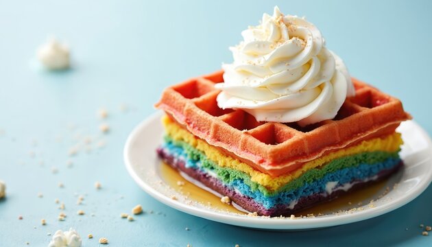 Stack of rainbow waffles with whipped cream and syrup served on a white plate. Colorful layered dessert pastry is a fun treat for parties or breakfast.