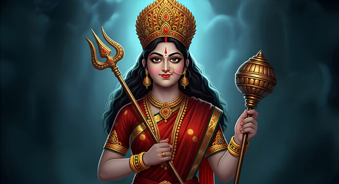 Radiant Goddess Durga in crimson sari wielding golden trident and conch, fierce protector against darkness