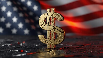Cracked golden dollar symbol against the backdrop of a blurred American flag, symbolizing crisis.