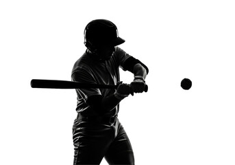 Perfect black silhouette of a male baseball player powerfully swinging a bat and hitting the baseball, against a pristine high-key white background. Concept of peak competitive spirit