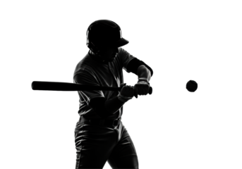 Perfect black silhouette of a male baseball player powerfully swinging a bat and hitting the baseball, against a pristine high-key white background. Concept of peak competitive spirit