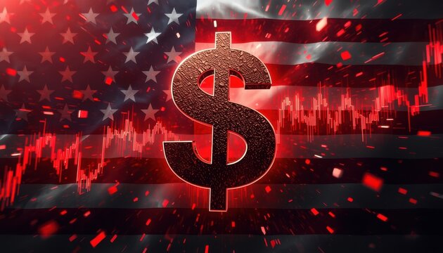 Dollar symbol with a financial chart in the background and an flag of United States of America. - Powered by Adobe