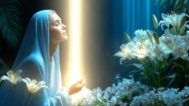 Cinematic Portrait of the Virgin Mary Praying Surrounded by White Lilies with a Divine Ray of Light Descending from Heaven