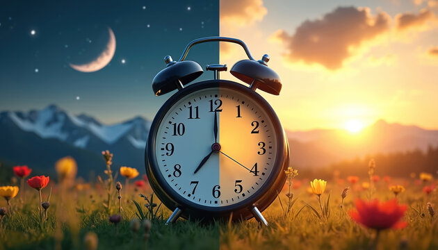 Split image shows clock halves representing day and night scenes. Moon and stars visible on one side mountains and flowers on other. Sunrise glows over distant hills.