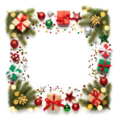 Festive Christmas Frame with Gifts and Ornaments.