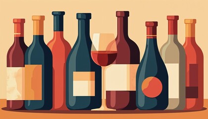 Group of stylized wine bottles and glass filled with red wine. Abstract geometric shapes in warm color palette. Modern graphic design for beverage or hospitality themes.