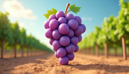 Cartoon bunch of purple grapes stands in vineyard field under blue sky. Ripe fruits grow on grapevine plant with green leaves. Healthy food agriculture concept.