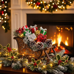 Festive Christmas Sleigh Decoration with Gifts and Fireplace.