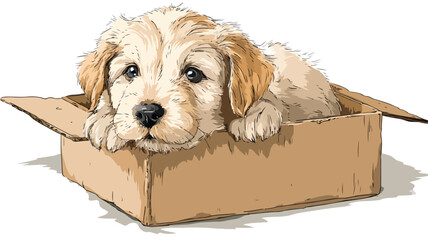Playful Cute Puppy with Cardboard Box - Vector Illustration