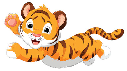 Adorable Cute Baby Tiger Cartoon Waving Vector with Outline Isolated
