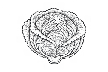 Cabbage line drawing on transparent background, fresh vegetable illustration, organic food ingredient sketch for healthy eating concept