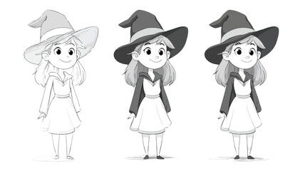 Adorable Witch Costume Vector Illustration of Young Girl with Outline Isolated