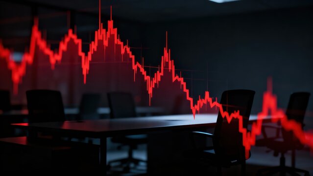 Downturn displayed in a darkened conference room signals economic trouble and uncertain times.