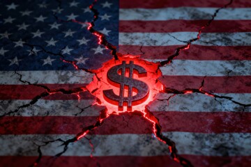 A shattered American flag reveals a glowing dollar sign, symbolizing economic challenges and instability.