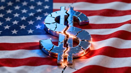 Distressed dollar sign with cracks on an flag symbolizing economic hardship or instability.