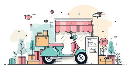 Online Shopping and Delivery Concept Vector with Outline Isolated Illustration