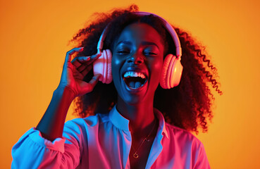 African american woman joyfully sings listening music via headphones. Bright neon lights illuminate happy female dancing and enjoying song online. Tech and fun.