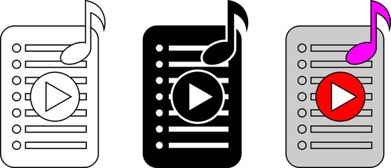 Playlist icon set with music note and play button in outline, solid, and colored styles. Simple media list illustration suitable for music apps, streaming platforms, audio players, and UI design