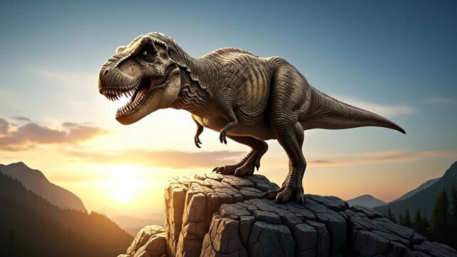 A fierce T-rex stands on a rocky ledge at sunset.