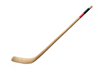 Hockey stick sports equipment for ice and field games, wood material with red and black tape, transparent background