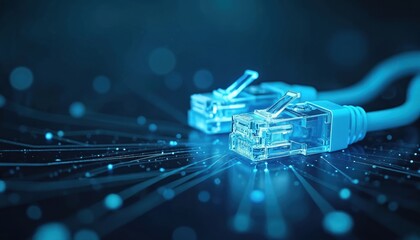 Close up on two glowing blue ethernet connectors and cables on a dark abstract background with digital lines and bokeh. This represents fast internet connection and tech.