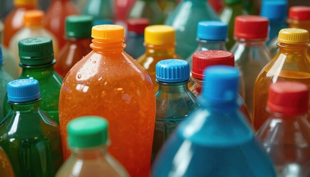 Group of colorful plastic drink bottles with caps collected for recycling. Objects show variety in color and liquid content representing waste management efforts.
