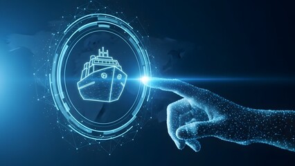 Digital Hand Tapping Holographic Cargo Ship Icon, Visualizing Global Logistics, International Shipping, and Smart Supply Chain Technology