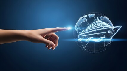 Hand touching a digital cruise ship icon on a glowing globe, symbolizing travel and booking