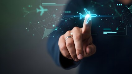 A hand interacts with a glowing airplane icon on a futuristic digital interface, representing advanced aviation technology, global travel connectivity, and future transportation systems