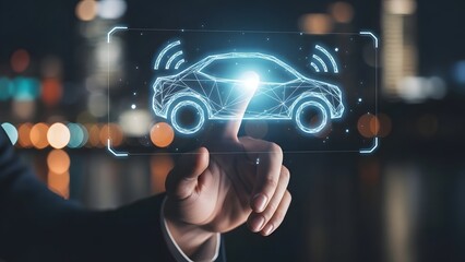 Innovative touch interaction with a futuristic autonomous car visualization, representing advanced smart vehicle technology and connected mobility solutions