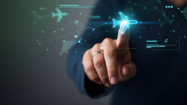 A hand interacts with a glowing airplane icon on a futuristic digital interface, representing advanced aviation technology, global travel connectivity, and future transportation systems - Powered by Adobe