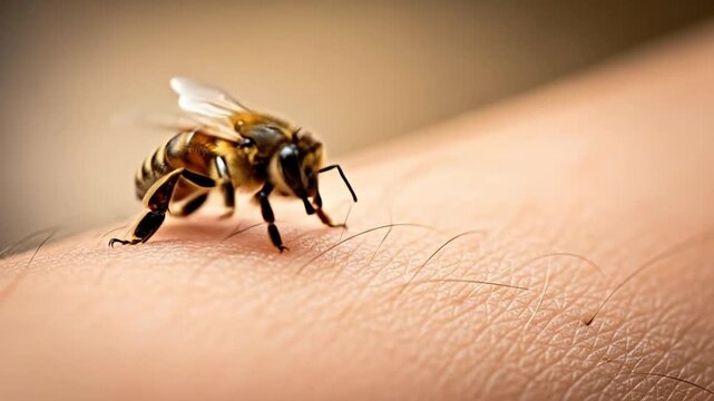 A close-up image of a bee on skin, showcasing fine details.