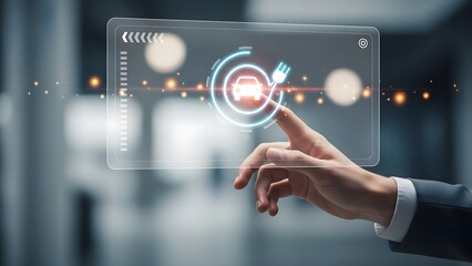Future of sustainable transport A hand interacts with an advanced holographic user interface featuring an electric car charging icon and intelligent energy solutions