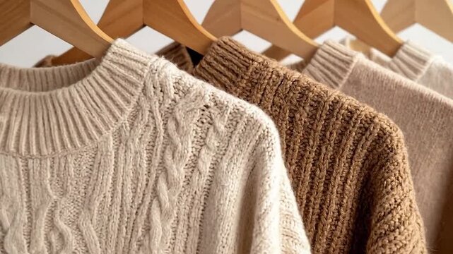Neutral-toned sweaters with textured knits hang on wooden hangers, creating a cozy and stylish display.