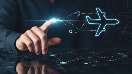 Hand interacting with a digital interface displaying an airplane and flight path, representing travel and logistics