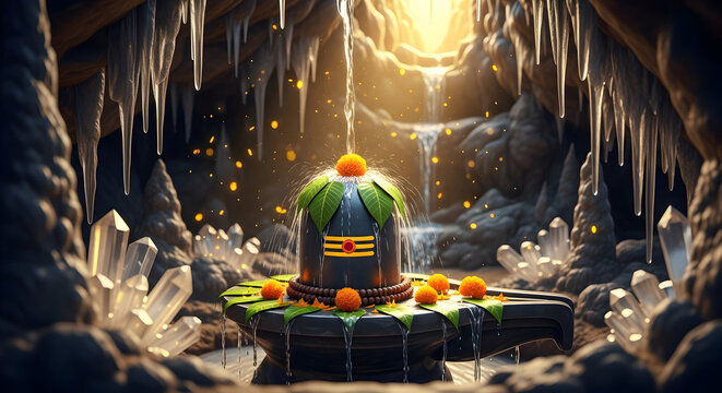 Shiva Lingam Shrine Illuminated by Sunbeam inside Mystical Himalayan Cave, Sacred Pilgrimage Destination Illustration