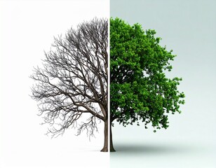 Split tree showing life and decay, powerful symbol of environmental change, sustainability, and the impact of climate change on nature.