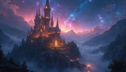 Fototapeta premium Fairytale castle sits atop misty mountain at night. Cosmic galaxy sky with nebula and stars illuminates the magical landscape. Path leads to glowing castle entrance.