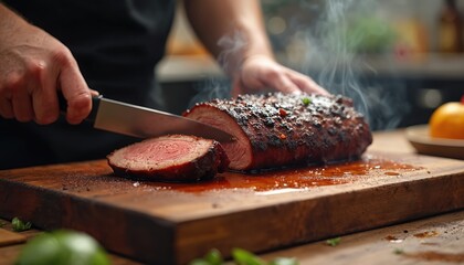 Cook slices juicy smoked brisket on wooden board. Steam rises from tender beef. Man prepares savory meal, showing culinary skill. Close-up on meat carving and preparation.