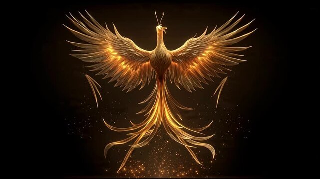 Majestic flying golden phoenix with symmetrical wings