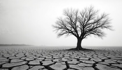 Bare tree stands in cracked dry earth under hazy sky. Stark landscape shows barren ground with deep fissures. Isolated tree roots grip parched land in monochrome scene.