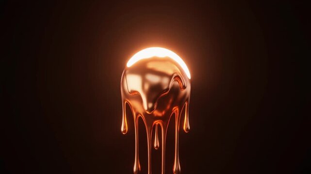molten copper gradients gather into a bright sphere, sphere slowly melts downward like liquid metal