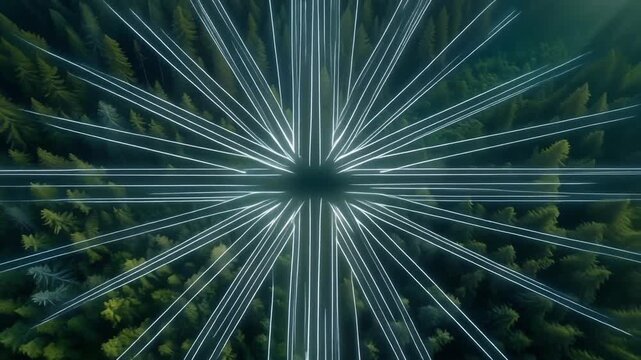 deep forest gradients compress into a single glowing line, line splits into multiple thin linear shapes