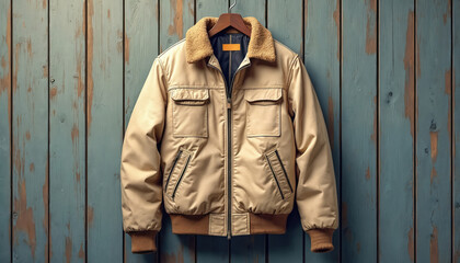 Beige bomber jacket with plush collar hangs on rustic blue wooden wall. Classic outerwear piece with zippered front and chest pockets. Warm garment for cool weather style.