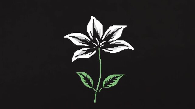 A captivating pixel art animation showcasing the elegant growth of a white flower with green stem and leaves.